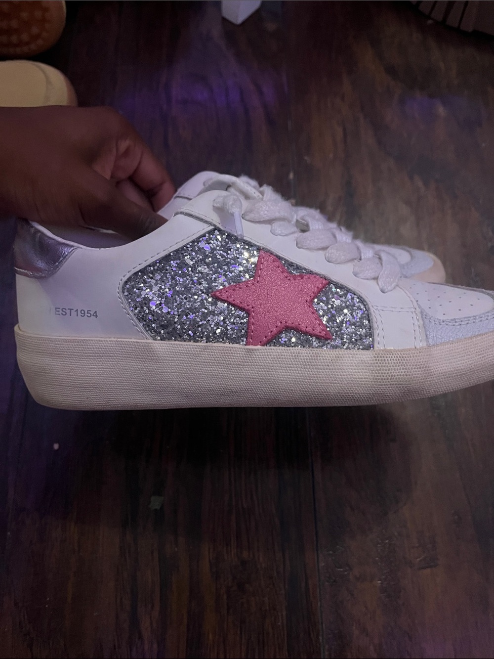 Vintage Havana White Sneakers with Silver Glitter Panels and Pink Star